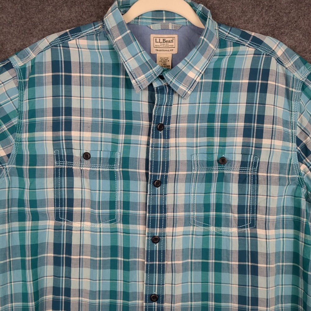 LL Bean Traditional Fit Short Sleeve Plaid Shirt Men‎ L-Reg Cotton Linen Tencel - Picture 6 of 12